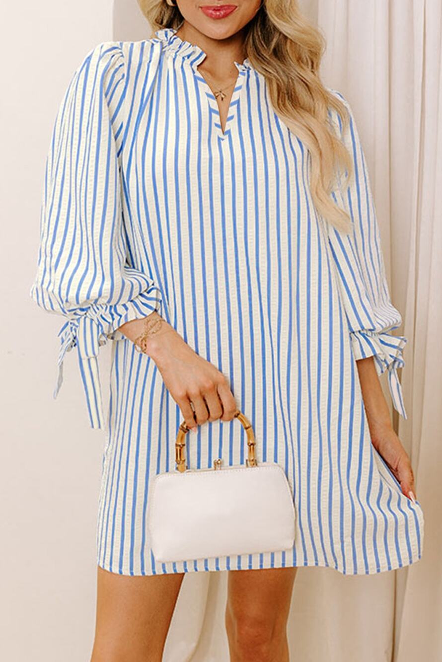 Mini Dress Sky Blue Stripe Knotted Bracelet Sleeve Notched - Size US 16-18